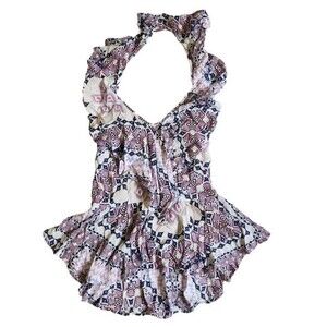 Express Pink Blue White Multicolor Geometric Print Ruffle Neck Halter Top XS